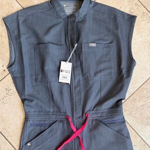 Figs Women's Ltd Ed! DENIM Jumpsuit with Hot Pink Tie